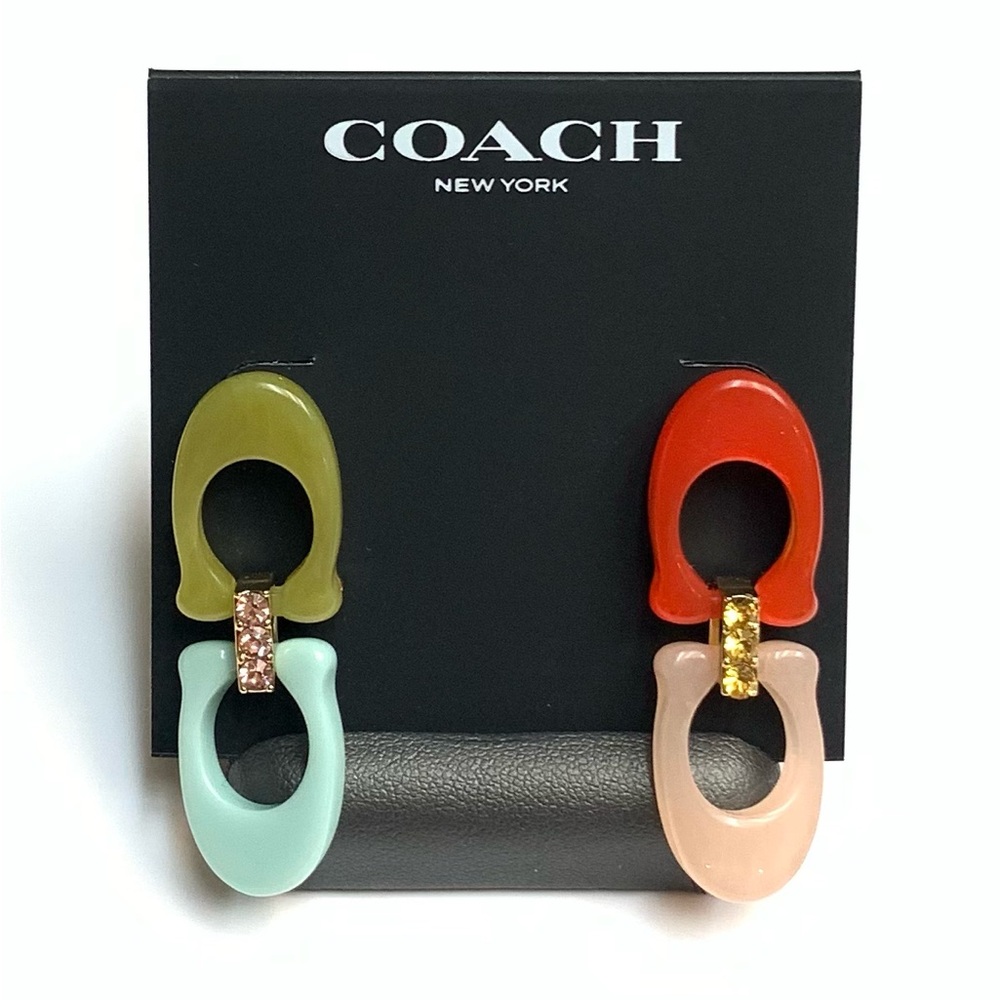 NWT COACH Signature C Logo 12-K Gold Plated Glass Crystals Resin Drop Earrings - Picture 10 of 10